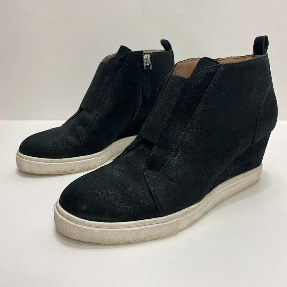 Linea Paolo Felicia Perforated Black Leather Wedge Sneakers Black Metallic Size
